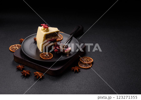 Piece of sweet layered cheesecake with cherries and poppy seeds Piece of sweet layered cheesecake with cherries and poppy seeds 123271355