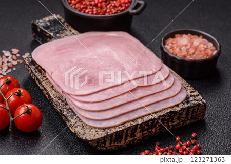 Boiled ham cut into square slices with sorrel and spices 123271363
