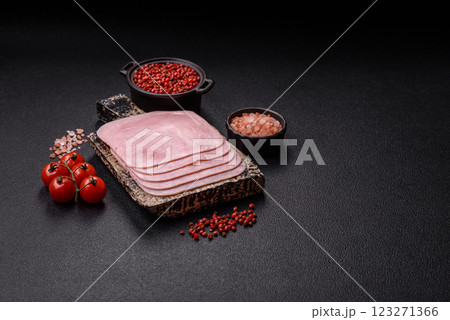 Boiled ham cut into square slices with sorrel and spices 123271366