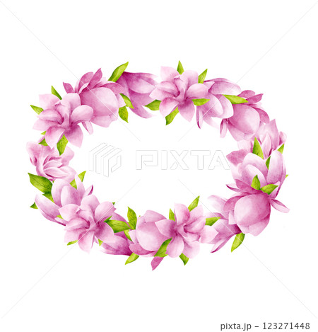 Wreath, round frame of pink magnolias with leaves on a white background empty for text. Hand drawn watercolor illustration. Suitable for the design of cards, invitations for celebrations. 123271448