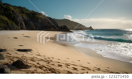Pristine Beachfront with Lush Greenery and Rugged Cliffs in the Morning Bright Light and Blue Sky. 123271450
