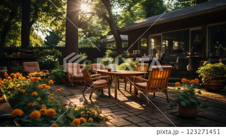 Backyard garden terrace wooden table and chair full of flowers and green tree, shadow area. 123271451