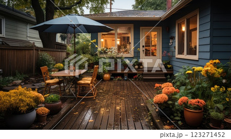 Serene post rain scene with wooden patio, rain kissed, lush flora, tranquil ambiance, embraced by soft light in a tended garden. Backyard home a place to relax, gather, and sit. 123271452
