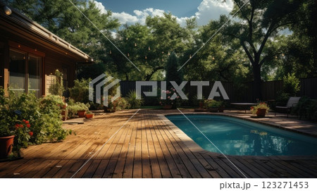 Beautiful backyard garden patio with swimming pool and wooden deck terrace with full of potted green plant with wooden fence around, and tall tree create a shady area and blue sky in the background. 123271453