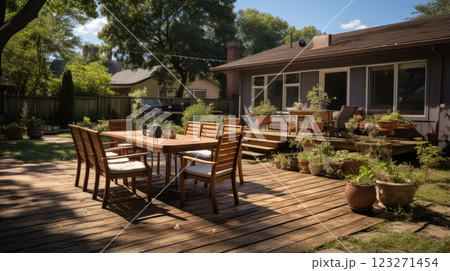 Backyard garden patio wooden table and chair full of flowers and green with warm light. 123271454