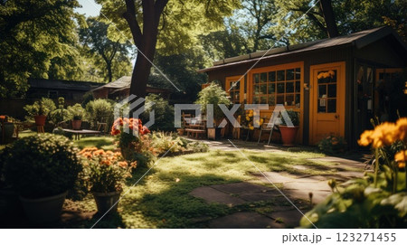 Backyard garden terrace full of flowers and green with shady area. 123271455