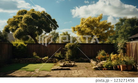 Stone pavement terrace and beautiful backyard home, full of potted flower plant, wooden fence as a backdrop with tall green tree and blue sky in the background as a beautiful nature backdrop. 123271456
