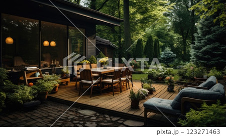 Backyard garden patio wooden table and chair full of flowers and green tree, shadow area. Backyard garden patio wooden table and chair full of flowers and green tree, shadow area. 123271463
