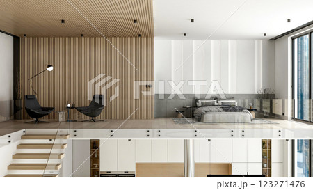 Modern Minimalist Bedroom Interior on Mezzanine Floor with Staircase and Living Area, 3D Rendering 123271476