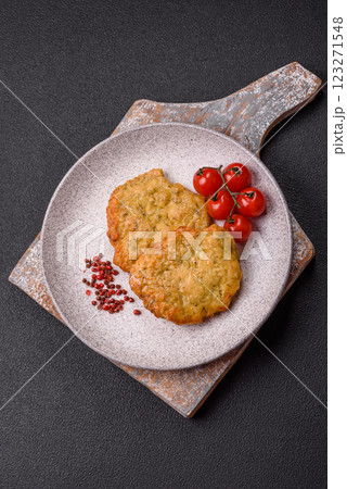 Delicious fried pork or chicken chops breaded with salt and spices 123271548