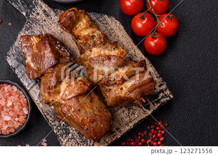 Delicious grilled chicken, turkey or pork skewers with salt, spices and herbs Delicious grilled chicken, turkey or pork skewers with salt, spices and herbs 123271556