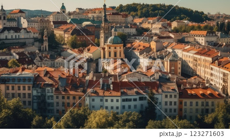 Sunlit Rooftops of Prague's Historic Center, A Timeless View Captured in the Late Afternoon, Embodying the City's Architectural Heritage and Vibrant Urban Life 123271603