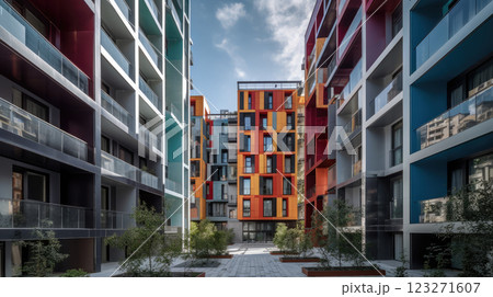 Modern Urban Residential Architecture or apartment complex, Vibrant Colored Facades, Contemporary Housing Design, Photographed in Daylight at a Newly Developed Area 123271607