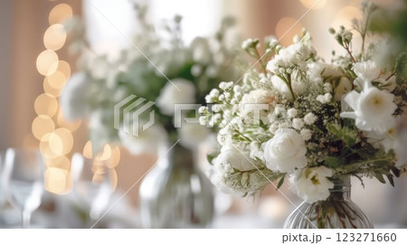 Beautiful luxury wedding floral centerpieces flower bouquet in a vase or pot on the wedding table or as a decoration in a romantic dinner or wedding table reception. Copy space. 123271660