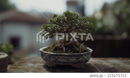 Beautiful mini bonsai plant display in a ceramic pot outdoor porch. 123271721
