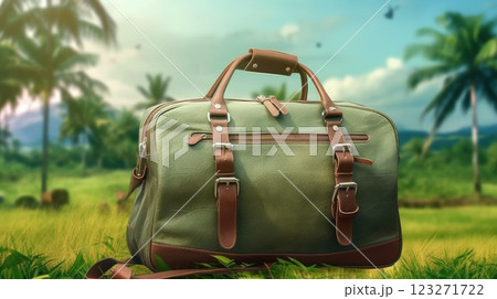 A big green cloth bag with a beautiful tropical green blur panoramic background as a concept for vacation or get away from your busy work. 123271722