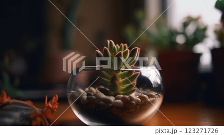 A Jelly Bean Plant succulent cactus in a transparent glass bowl as a room decoration ornamental plant. 123271726