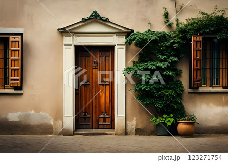 Old vintage wooden victorian european front door or back door and a window as a backdrop or background design element. Old vintage wooden victorian european front door or back door and a window as a backdrop or background design element. 123271754