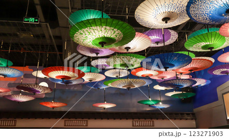 Colorful hanging Japanese umbrella paper indoor decoration. 123271903