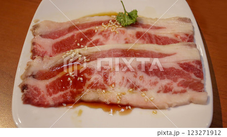 Slice of fresh beef or pork meat present in a white plate for grill, barbeque, and hot pot. Japanese Wagyu Yakiniku beef slice. Slice of fresh beef or pork meat present in a white plate for grill, barbeque, and hot pot. Japanese Wagyu Yakiniku beef slice. 123271912