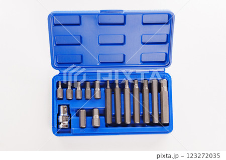 A set of single-sided chrome steel bits in a blue plastic box  123272035