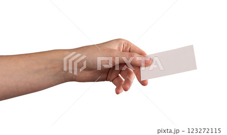 Female hand holding a blank business card, fingers gently presenting it forward. Symbolizing 123272115
