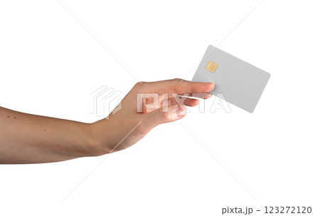 Female hand holding a blank credit card, ideal for showcasing financial services like debit, credit, Female hand holding a blank credit card, ideal for showcasing financial services like debit, credit, 123272120