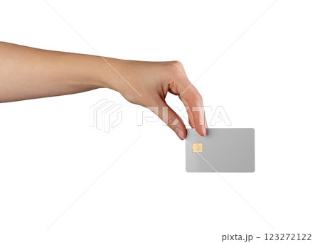 Female hand holding a blank credit card, ideal for showcasing financial services, promotions, and 123272122