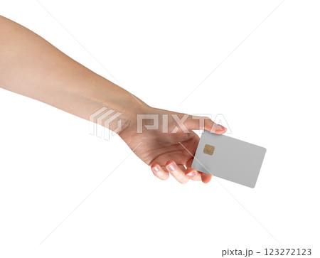 Female hand holding a blank credit card, ideal for showcasing payment methods, banking services, and 123272123