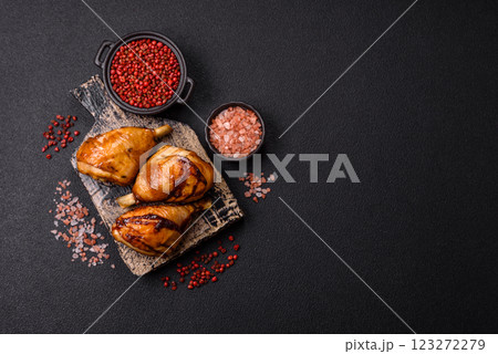 Delicious grilled chicken legs with spices and herbs in teriyaki sauce 123272279
