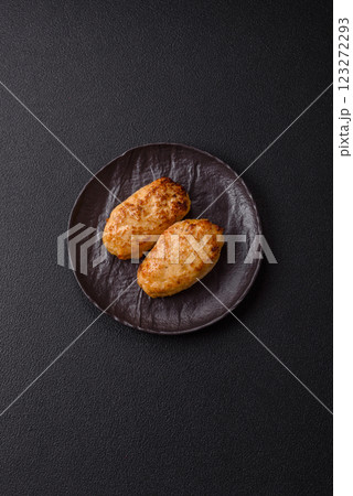 Delicious fresh fried minced fish cutlets with spices and herbs 123272293