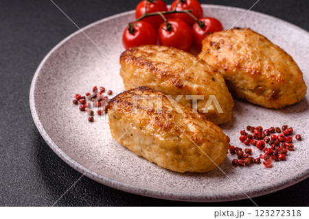 Delicious fresh fried minced fish cutlets with spices and herbs 123272318