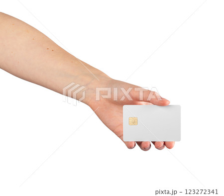 Female hand holding a blank credit card, symbolizing a financial offer, advertising, or promotional Female hand holding a blank credit card, symbolizing a financial offer, advertising, or promotional 123272341