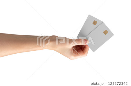 Female hand holding a blank credit card, symbolizing an offer, discount, or financial transaction. 123272342