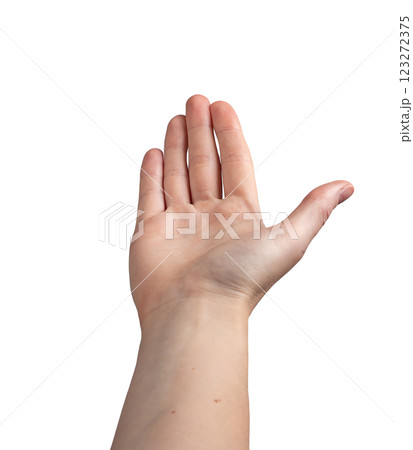 Female hand outstretched with an open palm, fingers extended as if offering, requesting, or seeking Female hand outstretched with an open palm, fingers extended as if offering, requesting, or seeking 123272375