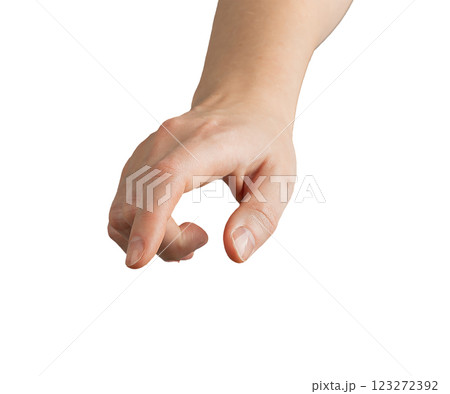 Female hand with index finger extended, slightly bent, pressing downward as if interacting with a 123272392