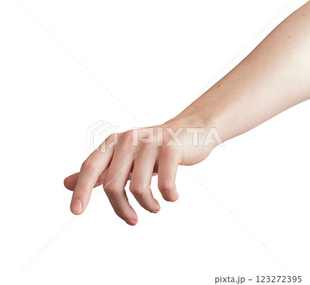 Female hand with index finger outstretched, pointing downward as if pressing or selecting an Female hand with index finger outstretched, pointing downward as if pressing or selecting an 123272395