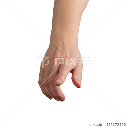 Female hand with index finger outstretched, pointing forward as if selecting or indicating something 123272396