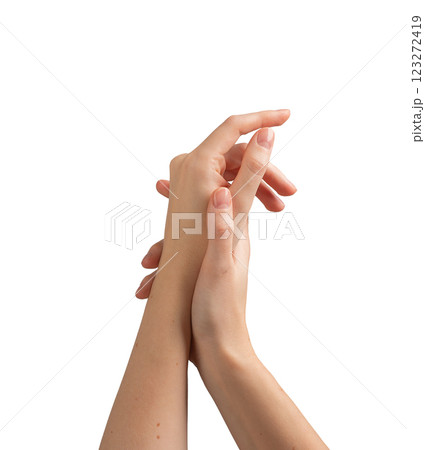 Female hands with glossy, well-manicured nails, elegantly positioned to showcase beauty, self-care, 123272419