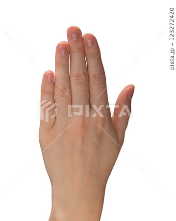 Female hands with glossy, well-manicured nails, elegantly spread to demonstrate beauty, skincare, 123272420