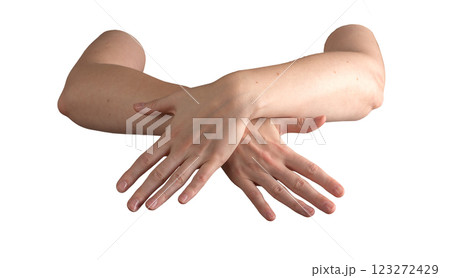 Female hands with well-groomed, polished nails gently crossing, showcasing beauty, skincare, and 123272429