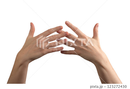 Female hands with well-groomed, polished nails gently intertwined, showcasing beauty, skincare, and Female hands with well-groomed, polished nails gently intertwined, showcasing beauty, skincare, and 123272430
