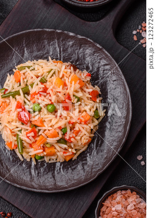 Boiled rice with vegetables, salt and spices 123272465
