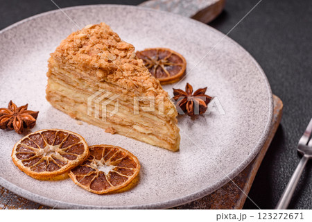 Piece of sweet layer cake Napoleon with custard Piece of sweet layer cake Napoleon with custard 123272671