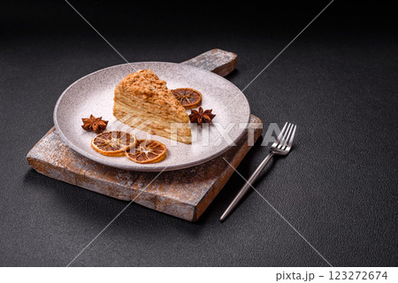 Piece of sweet layer cake Napoleon with custard Piece of sweet layer cake Napoleon with custard 123272674