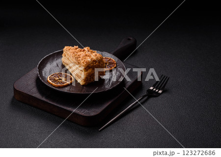 Piece of sweet layer cake Napoleon with custard Piece of sweet layer cake Napoleon with custard 123272686