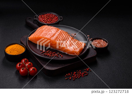 Fresh raw salmon steak with spices and herbs 123272718