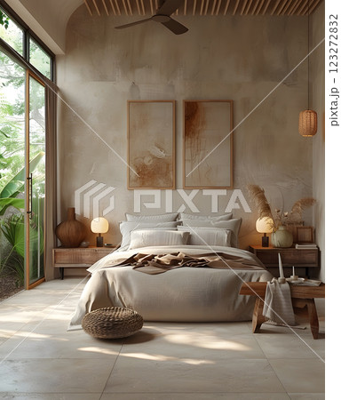 The bedroom emanates serenity through its natural light, earthy tones, minimalistic design, and lush outdoor view, fostering a tranquil atmosphere for relaxation and calmness 123272832