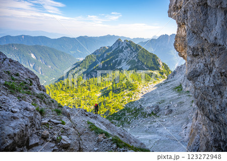 A lone hiker traverses the stunning Julian Alps in Slovenia, surrounded by majestic mountains and lush greenery on a clear summer day A lone hiker traverses the stunning Julian Alps in Slovenia, surrounded by majestic mountains and lush greenery on a clear summer day 123272948