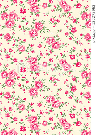 Classic floral pattern with pink roses and green foliage on a cream background. Perfect for textiles, wallpapers, and digital designs, offering a beautiful and vintageinspired look 123272962